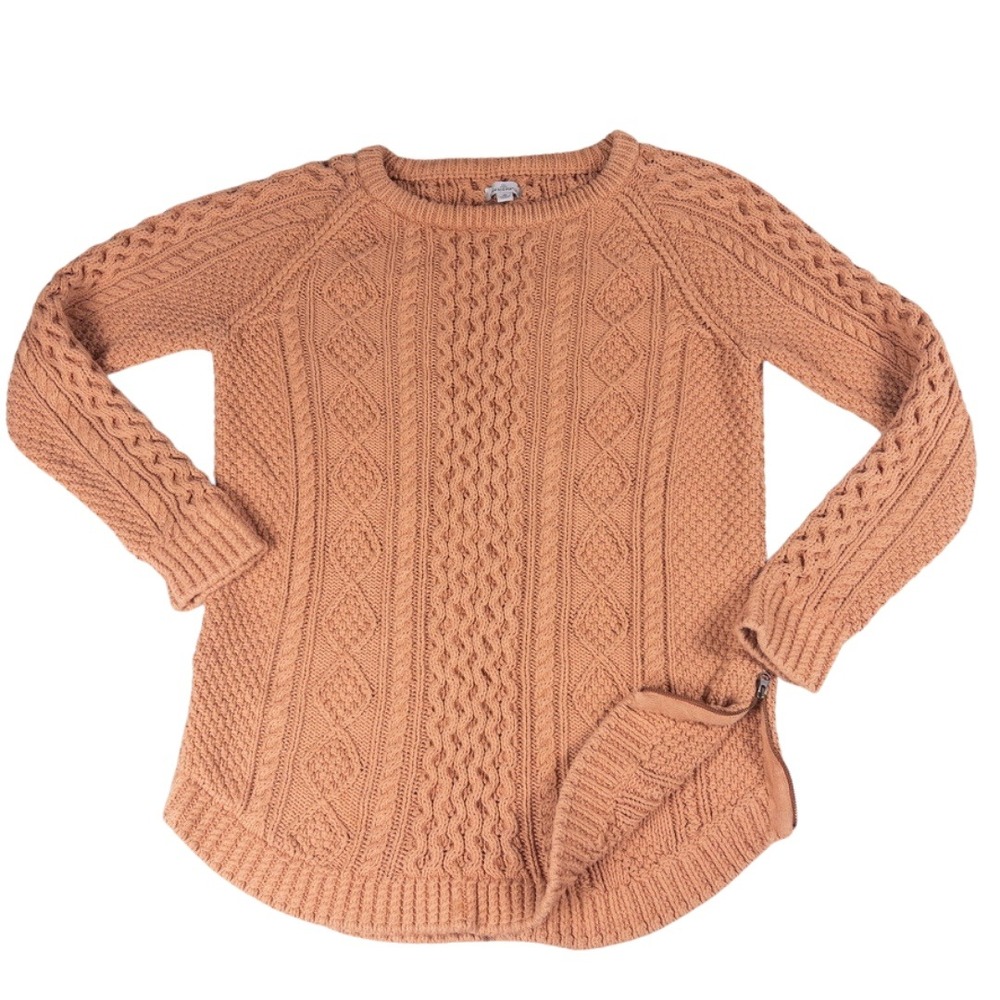 LL Bean Signature Fisherman Sweater Womens Medium Orange Cable Knit‎ Cotton Zip